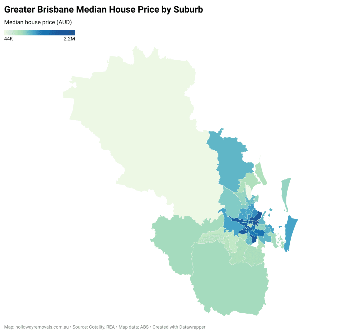 Heat map of Greater Brisbane median house prices by suburb