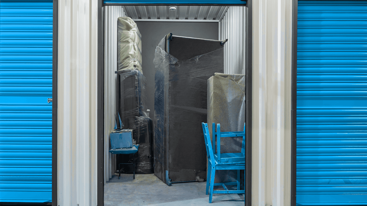 An open storage unit with household items stored inside