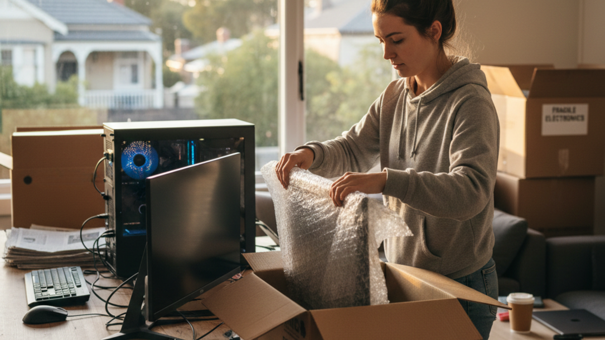 Packing a computer monitor with bubble wrap for a house move