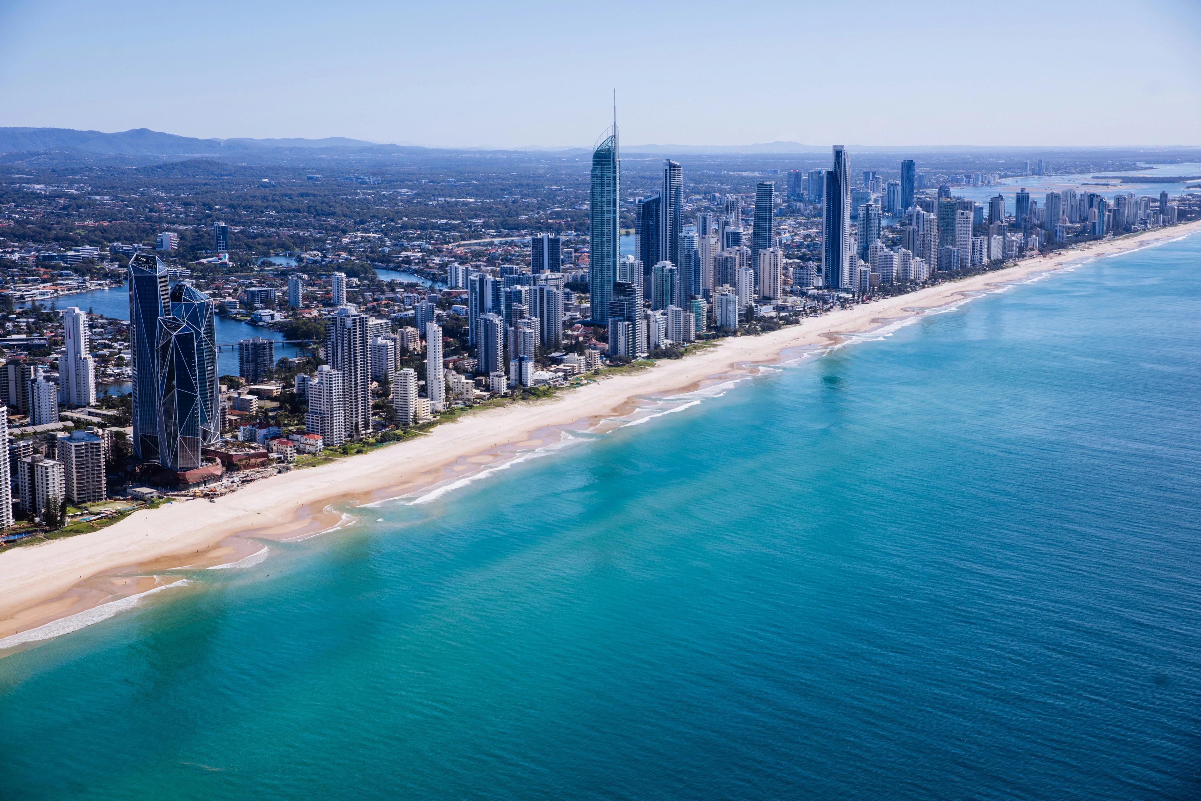 aerial shot of the gold coast coastal strip representing best suburbs in the gold coast to live in
