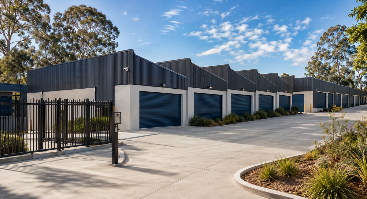Modern secure self-storage facility in Sydney with blue roller doors, gated access, CCTV and a clean driveway.
