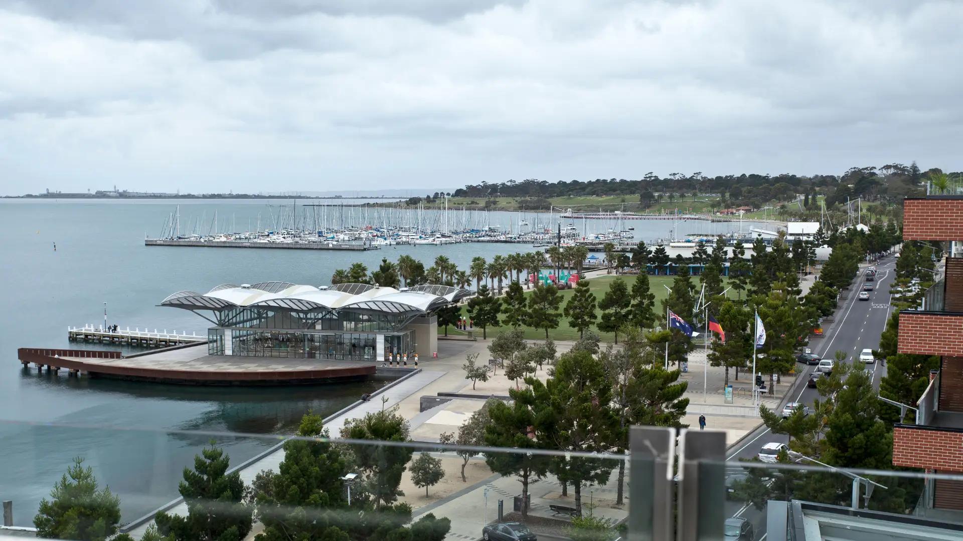 aerial view of Geelong Waterfront, Corio Bay, and the Royal Geelong Yacht Club.