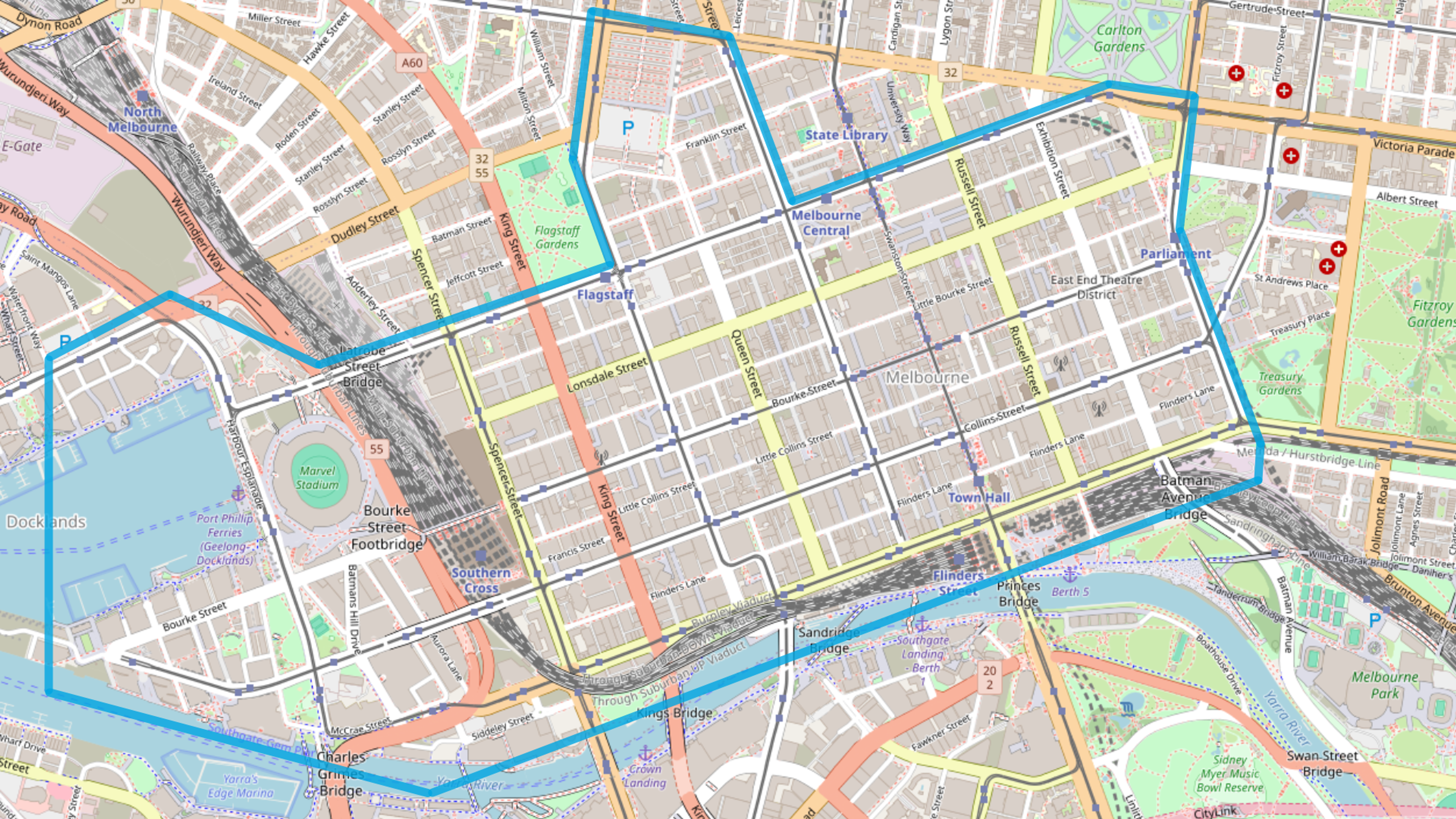 Map of the Melbourne CBD Hoddle Grid precinct outlined in blue